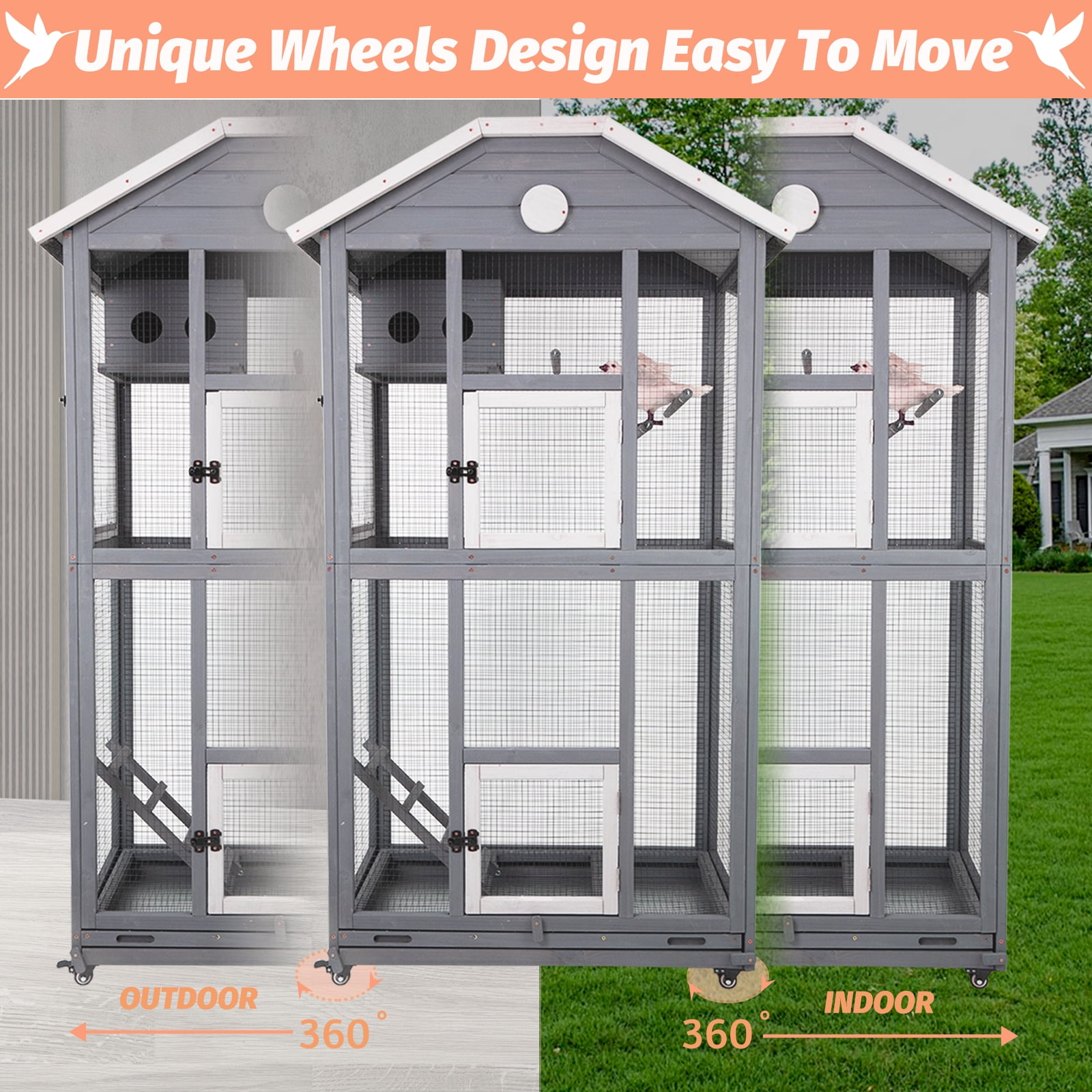 PETSCOSSET 65" Outdoor Bird Aviary,  Wooden Bird Cage on Wheels