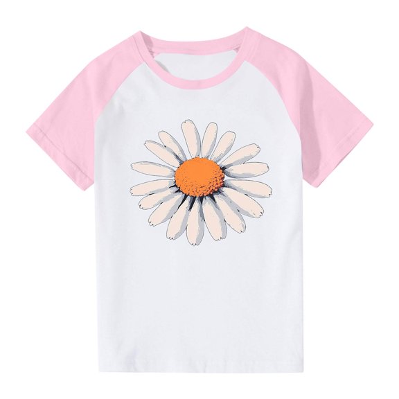 Nilvkv Girls Summer Tops, Shirts for Girls, Daisy Print Raglan Short Sleeve Tee Casual Spring Summer Pink 7-8 Years