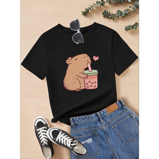 T-Shirt Graphique Mignon de Cochon d'Inde pour Filles - Col Rond Décontracté à Manches Courtes, Haut en Tricot Respirant pour l'Été