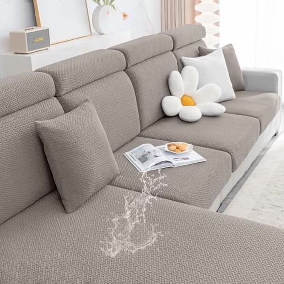 Waterproof Couch Cushion Covers, Stretch Jacquard Thick Sofa Cushion Covers, Washable Seat Slipcover Elastic Furniture Protector for Pets, Kid (Back Cover L, Taupe)
