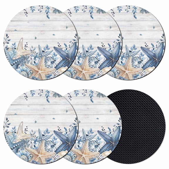 Blue Starfish Coastal Coasters Set of 6, Absorbent Coasters for Drinks, Eucalyptus Summer Nautical Shell Wooden Coaster for Desk Coffee Table Protection, Home Decor House Warming Gifts 4"