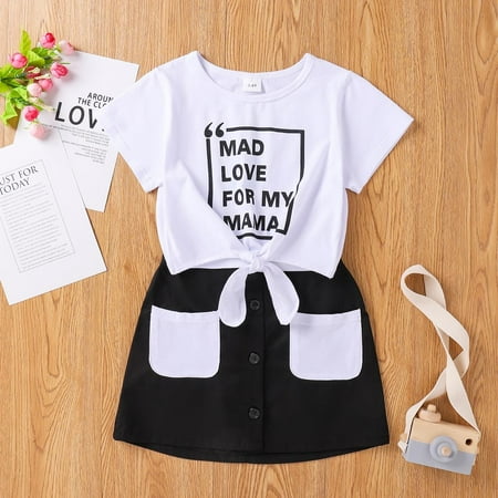 

OQCKIDS Toddler Girls T-shirts Skirts 2pcs Sets Cotton Crew neck Letter Classic Summer Short Sleeve