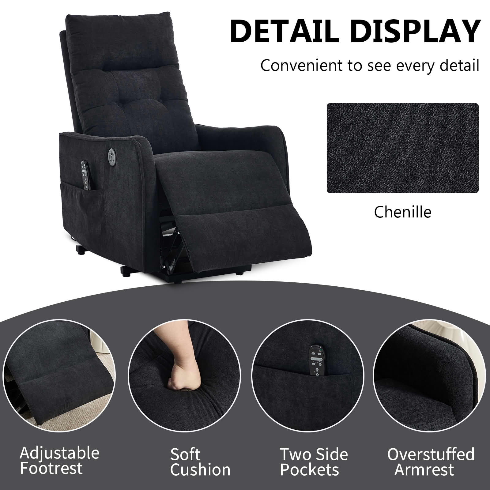 MAYEERTY Black Single Motor Power Lift Recliner, 155° Chenille Massage Heat Chair with USB for Elderly Living Room