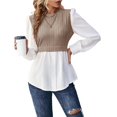 thumbnail image 3 of Camisa de Mujer con Botones y Diseño Patchwork, Larga, Cuello Redondo, Dos en , de Punto Canalé, con Volantes. Caqui L, 3 of 8