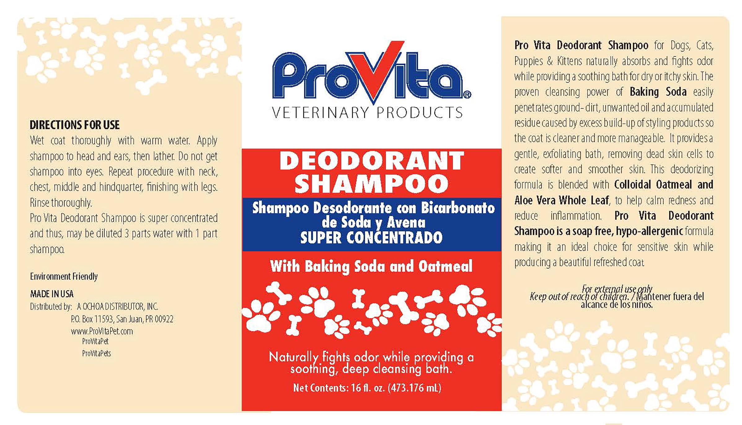 Provita Deodorant Shampoo with Oatmeal and Baking Soda for Cats and Dogs,16oz
