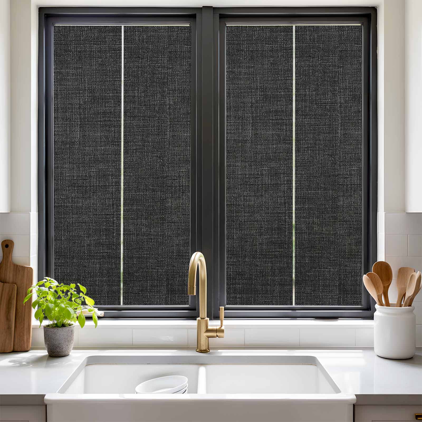 Static Cling Non Adhesive Window Film, Black Window Privacy Film Frosted, Farmhouse Burlap Solid Black Color Modern Linen Texture Opaque Window Coverings for Small Windows, Home, 17.7 x 39.3 Inches