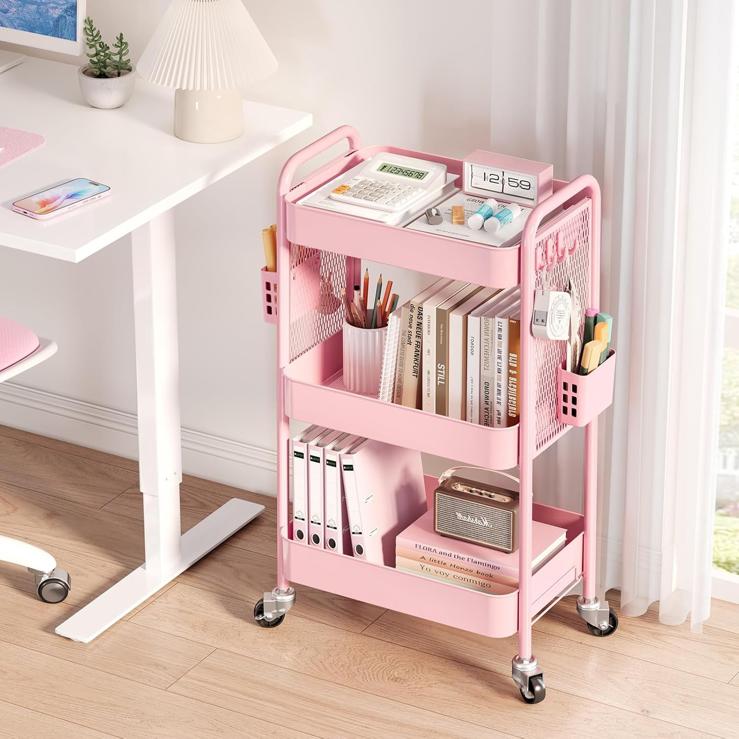 3 Tier Rolling Cart Storage Organizer, Metal Rolling Utility Cart with Wheels, Hooks & Bins Esthetician Craft Art Sturdy Storage with Pegboard for Bathroom, Kitchen, Office, Nursery Diaper