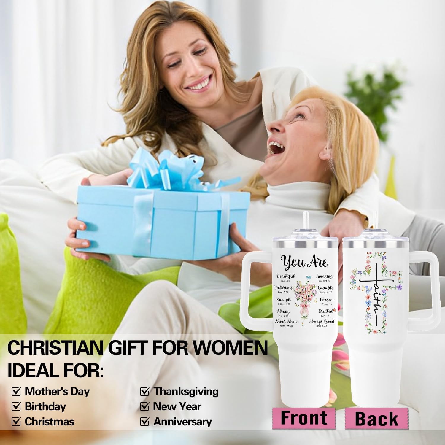 Christian Gifts for Women Mom, Christian Tumbler 40Oz for Birthday Christmas Ideas, Inspirational Religious Gifts for Women, Faith Bible Verse Gift for Mother''s Day Grandma, Godly Coffee Cups