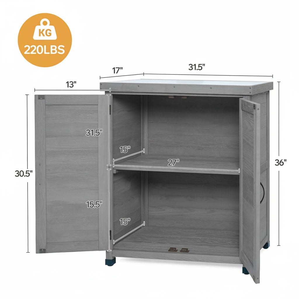 MAYEERTY Weatherproof Wood Potting Bench with Metal Table Top, Magnetic Doors, Outdoor Storage Cabinet for Patio, Yard, Balcony, Garage