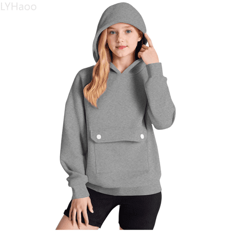 LYHaoo Girls Long Sleeve Hooded Sweatshirt With Pocket And Button Closure Solid Color Pullover For Big Kids Winter Casual Wear Casual Hoodies Sweatshirts Sizes 4-5 Years(Gray)
