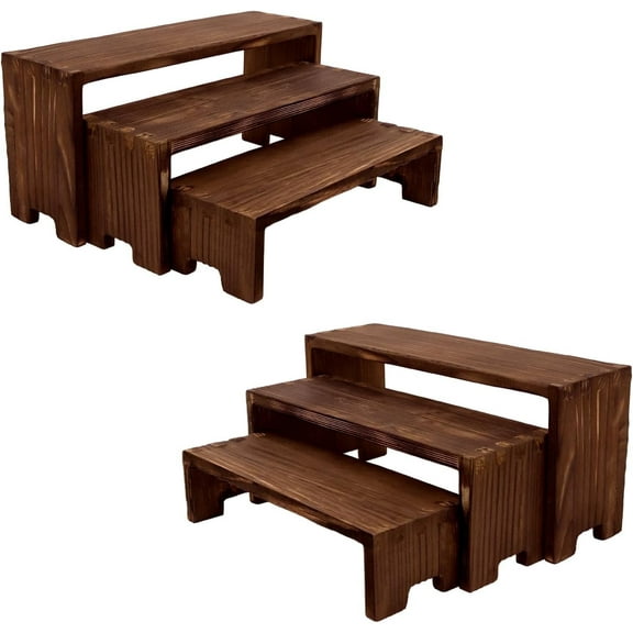 Display Wood Risers Wooden Stand 3 Tier Wood Racks Decorative Rectangular, 2 Set 6 Piece Cupcake Stands Cologne Perfume Organizer Showcase Items(Brown)