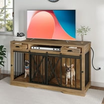 Uforic 63" Dog Crate Furniture with 2 Drawers,TV Stand with Charging Station 63" Large Wooden Indoor Dog Kennel - Brown