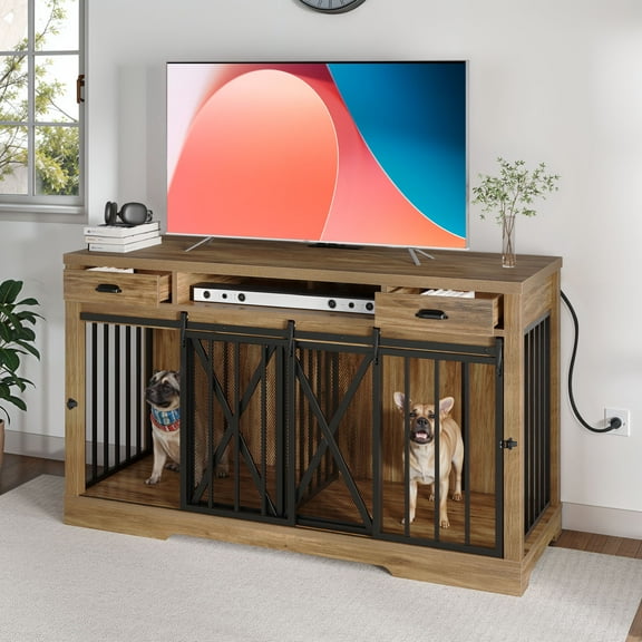 Uforic 63" Dog Crate Furniture with 2 Drawers,TV Stand with Charging Station 63" Large Wooden Indoor Dog Kennel - Brown