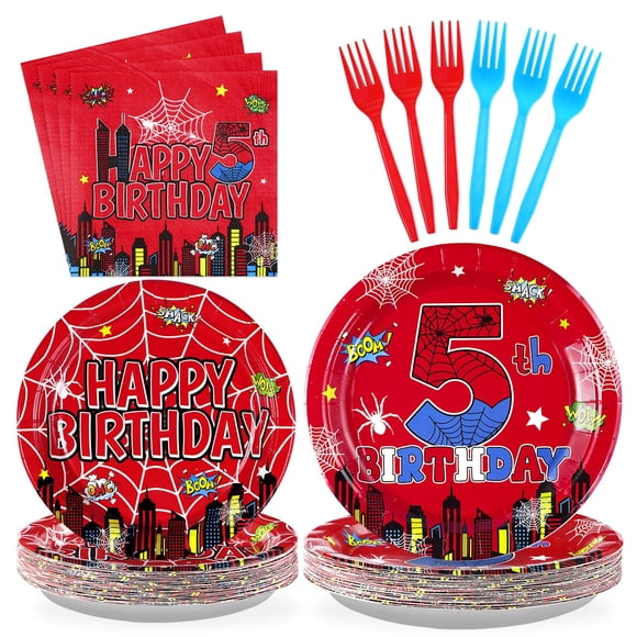 Juego de vajilla de fiesta Grencian Spider para quinto cumpleaños, 96 piezas