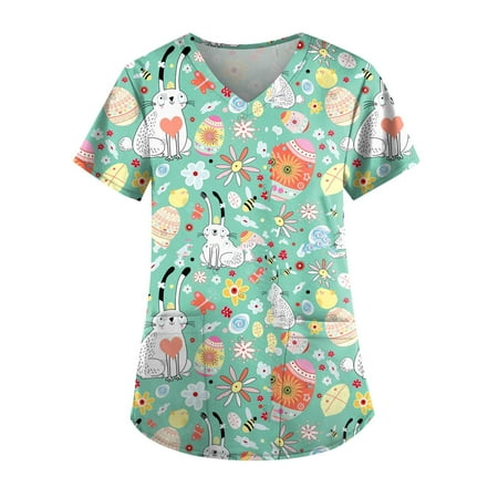 

Cakiesky Ladies Scrubs Shirts Spring V-Neck Short-Sleeve Scrub Tee Mint Green 2XL