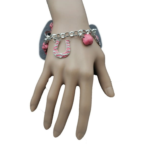Women Silver Metal Chains Western Charms Bracelet Horseshoe Texas Pink Beads