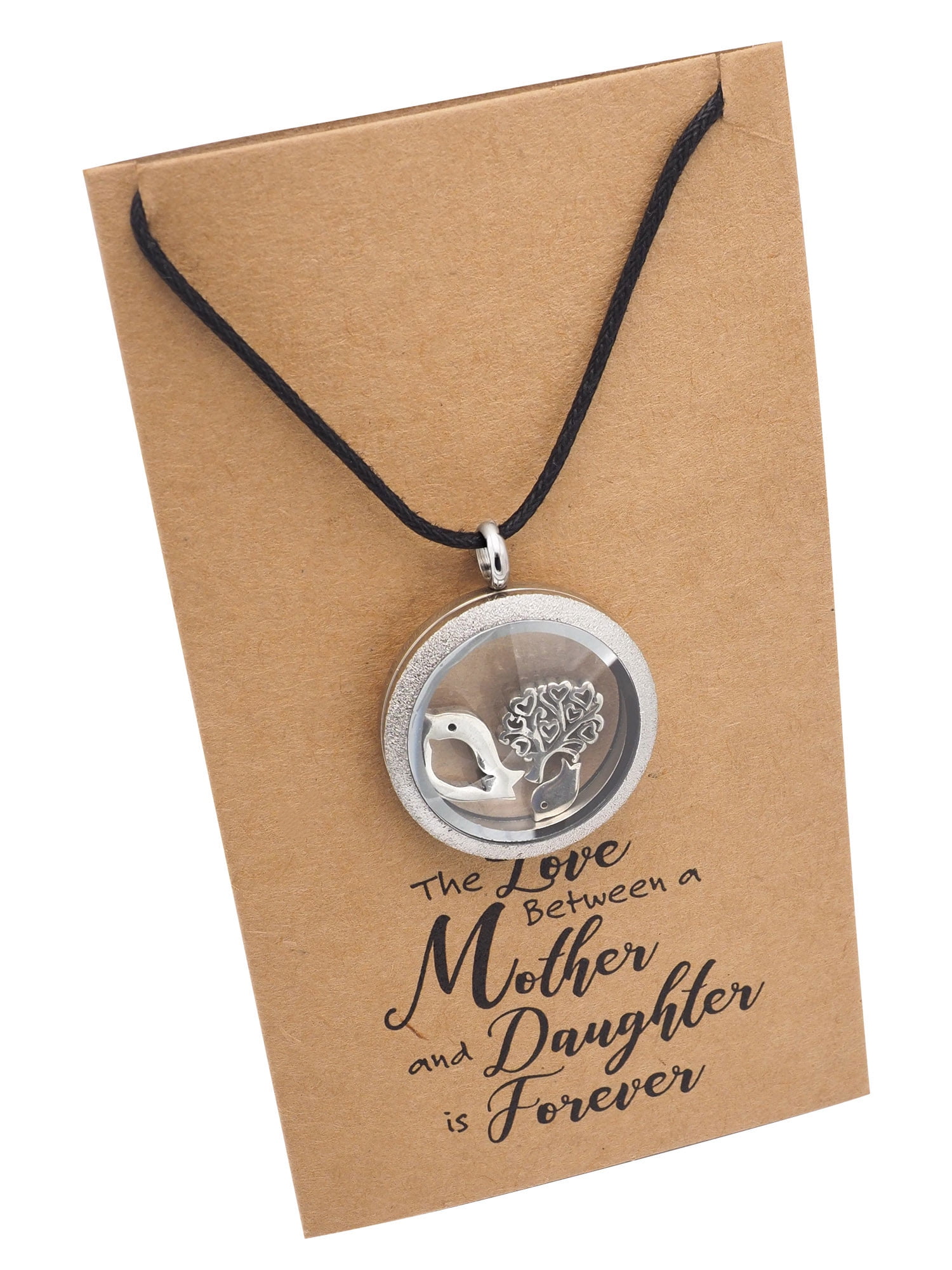 Locket Necklace with Mother Daughter Birds and Tree Charms and Greeting Card