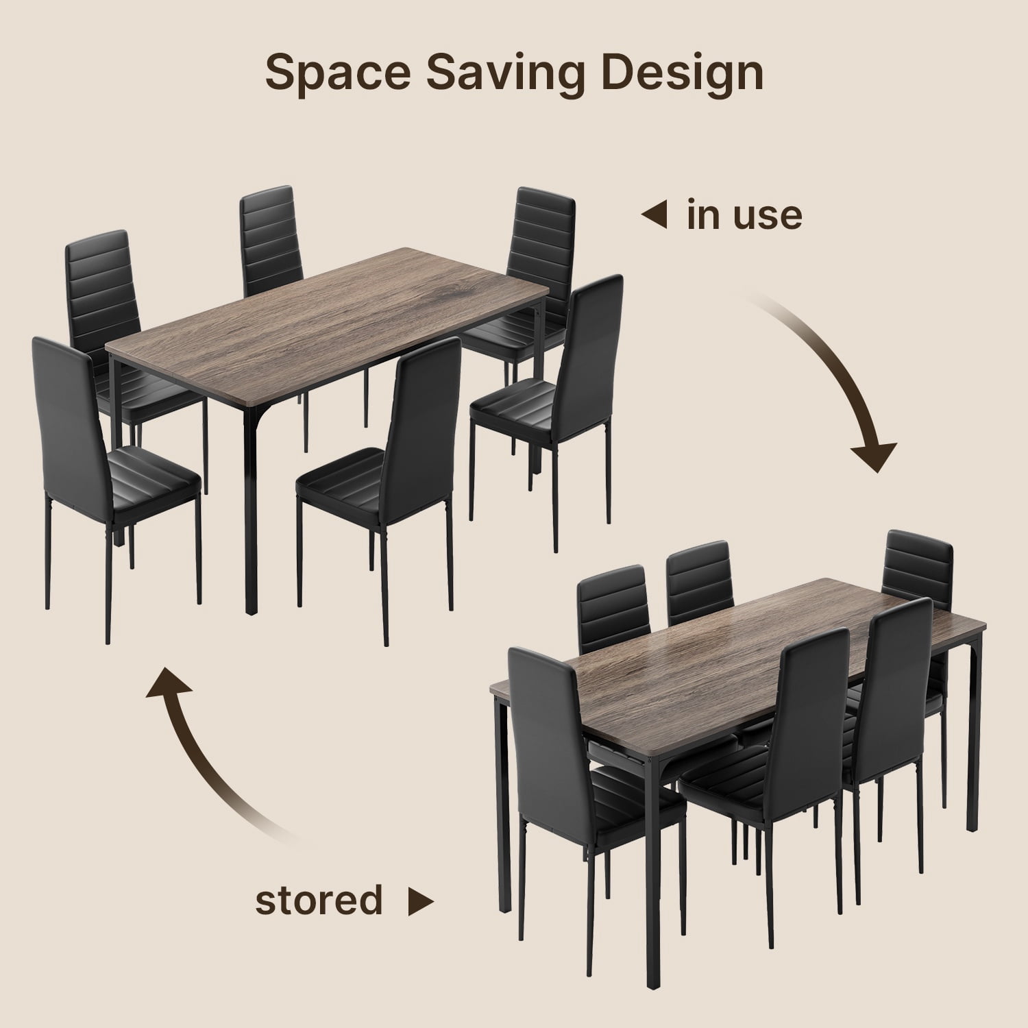 Dining Table Set for 6, Lofka 7 Piece Wooden Kitchen Table Set with 6 Upholstered PU Leather Chairs for Dining Room, Living Room, Apartment, Small Space,Gray