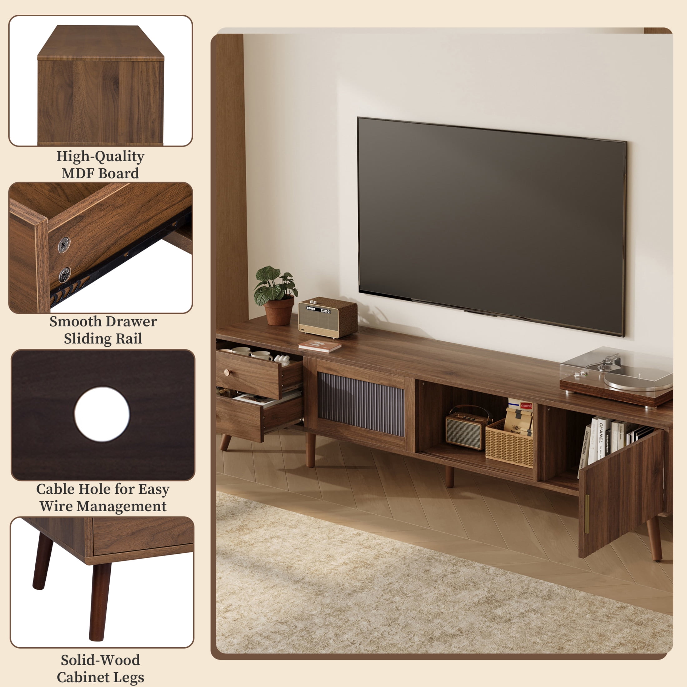 Noble House Glass-Door TV Stand for TVs up to 85" with Drawers, Storage Cabinets, Natural