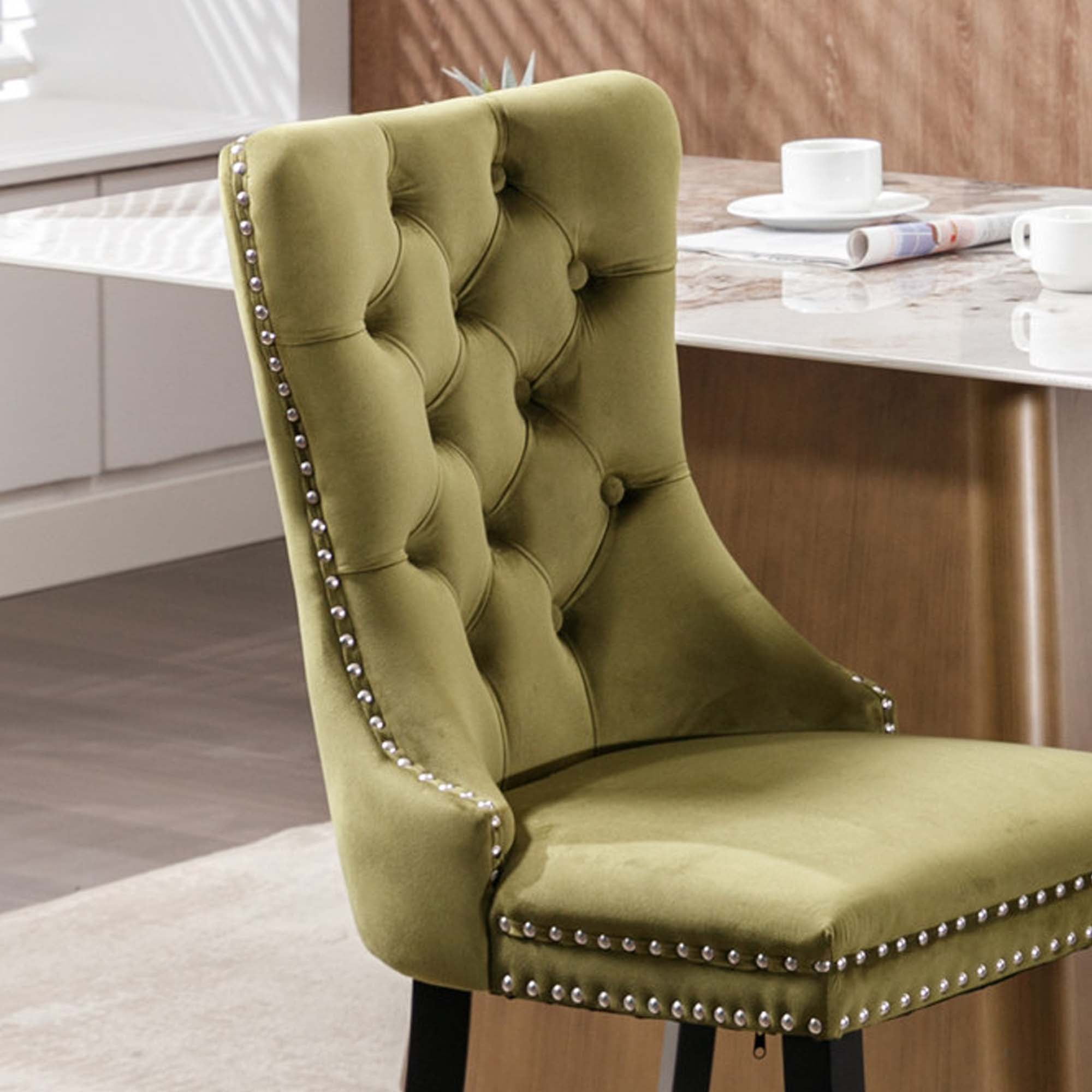 Aukfa High-End Upholstered Dining Chairs Set of 2, Modern Tufted Solid Wood Side Chair with Nailhead Trim - Olive