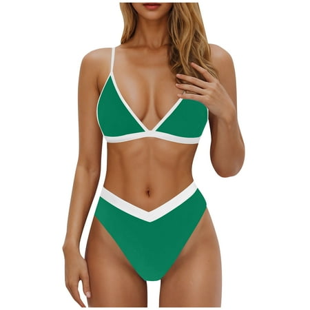 Feimerou Women Bikini Sets Swimsuit Triangle High Cut Sexy High Waisted 2 Piece Bathing Suits Color Block Spaghetti Strap Swimwear