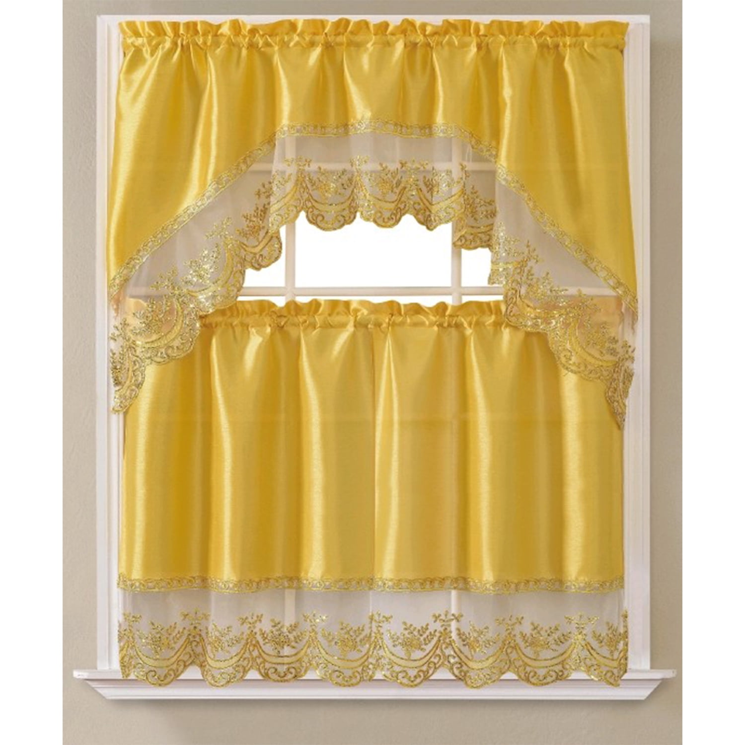 Remi 3-Piece Sequins Embroidery Kitchen Curtain Set with Swag Valance ...