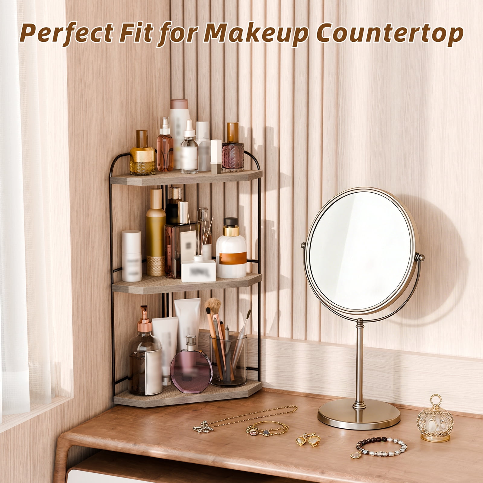 Corner Bathroom Counter Organizer, 3-Tier Wood Countertop Organizer for Perfume, Makeup Storage, Skincare Organizers for Vanity, Counter Corner Shelf for Kitchen, Bathroom, Dresser (grey)