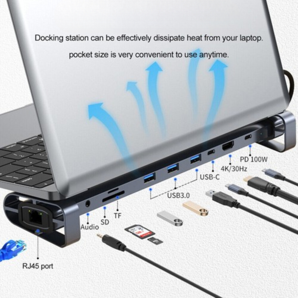 H36C 10 in1 USB C Hub Docking Station HDMI RJ45 USB 3.0 Audio SD/TF FOR PC Laptop
