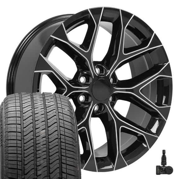 OE Wheels CV98 22 Inch Rims and Tires Fit Silverado 1500 Snowflake Style 6x139.7 22x9 Gloss Black with Milled Edge - Hollander 5668 - Alenza A/S 02 275/50-22 (Set of 4)