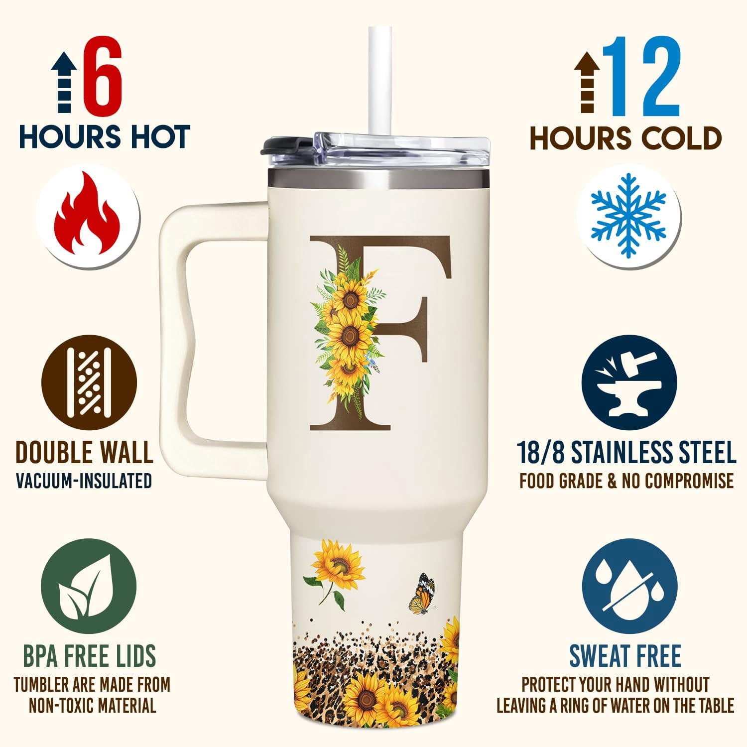 Personalized Birthday Gifts For Women - Sunflowers Monogrammed Cup For Boss Day, Christmas - Customized Gifts For Women, Mom, Wife, Coworkers, Boss Lady, Her - Custom Tumbler With Handle 40oz