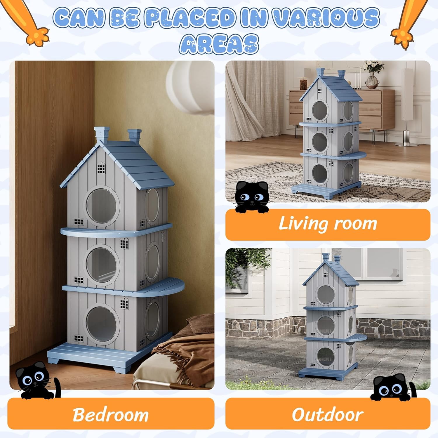 FICARTS Indoor/Outdoor Cat House, Weather-Resistant Pet Shelter with Elevated Base, Multi-Entry Cat Cottage for Feral & Household Cats