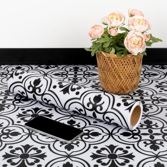 Abyssaly Peel and Stick Vinyl Flooring Tile, 15.7" x 157.5", Self-Adhesive Black and White Flower Design Tile for Kitchen Dining Bedroom Interior Home Decor