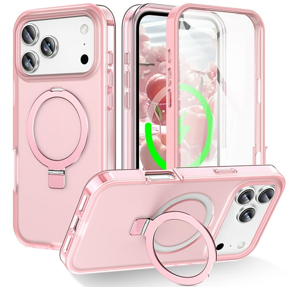 Magnetic Ring Stand for iPhone 17 Pro Max 2 In 1 Case, 360° Full Body Protection Built-in Screen Protector Hard Matte Clear Back Shockproof Bumper Cover for iPhone 17 Pro Max - Pink