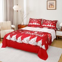 Manfei Merry Christmas Twin Sheet Sets,Chic Xmas Lantern Twin Fitted Sheet,White Red Flat Sheet For Girls,Breathable Home Decor,3-Piece