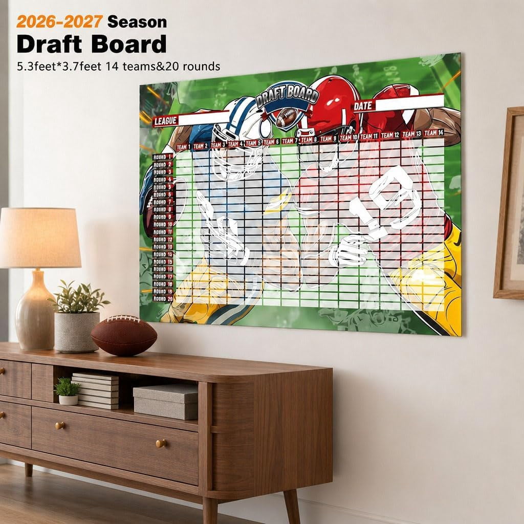 Fantasy Football Draft Board Kit 5.3x3.7ft for 2026‑2027 Season, 14 Teams 20 Rounds with 500 Player Label Stickers, Home Office Party Game Accessories