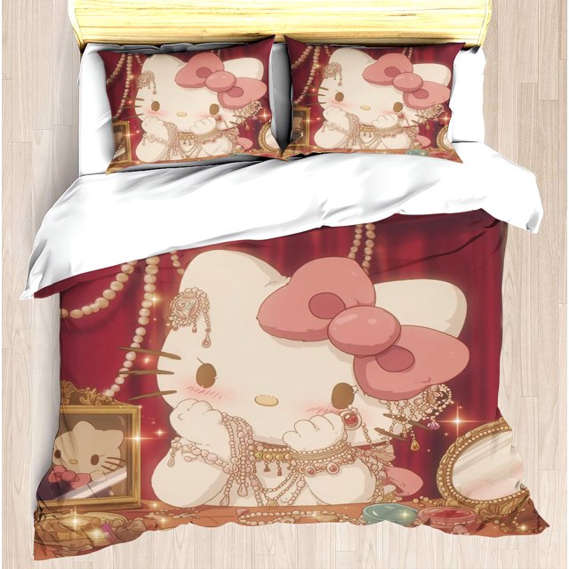 Sanrio Housse de Couette Imprimée Hello Kitty Ensemble de Literie Périphérique Co-Nommé 3 Pcs