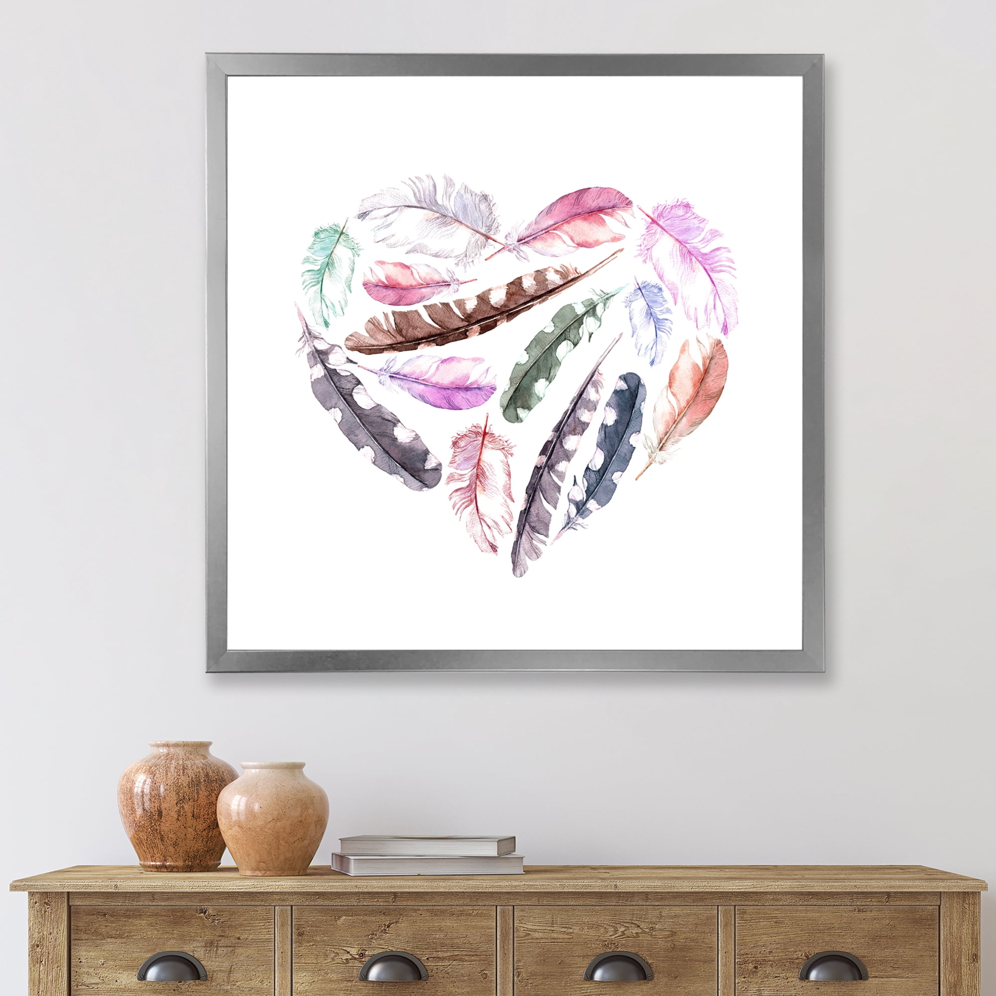 Designart 'Retro Pink Bird Feathers With Heart' Bohemian & Eclectic Framed Art Print
