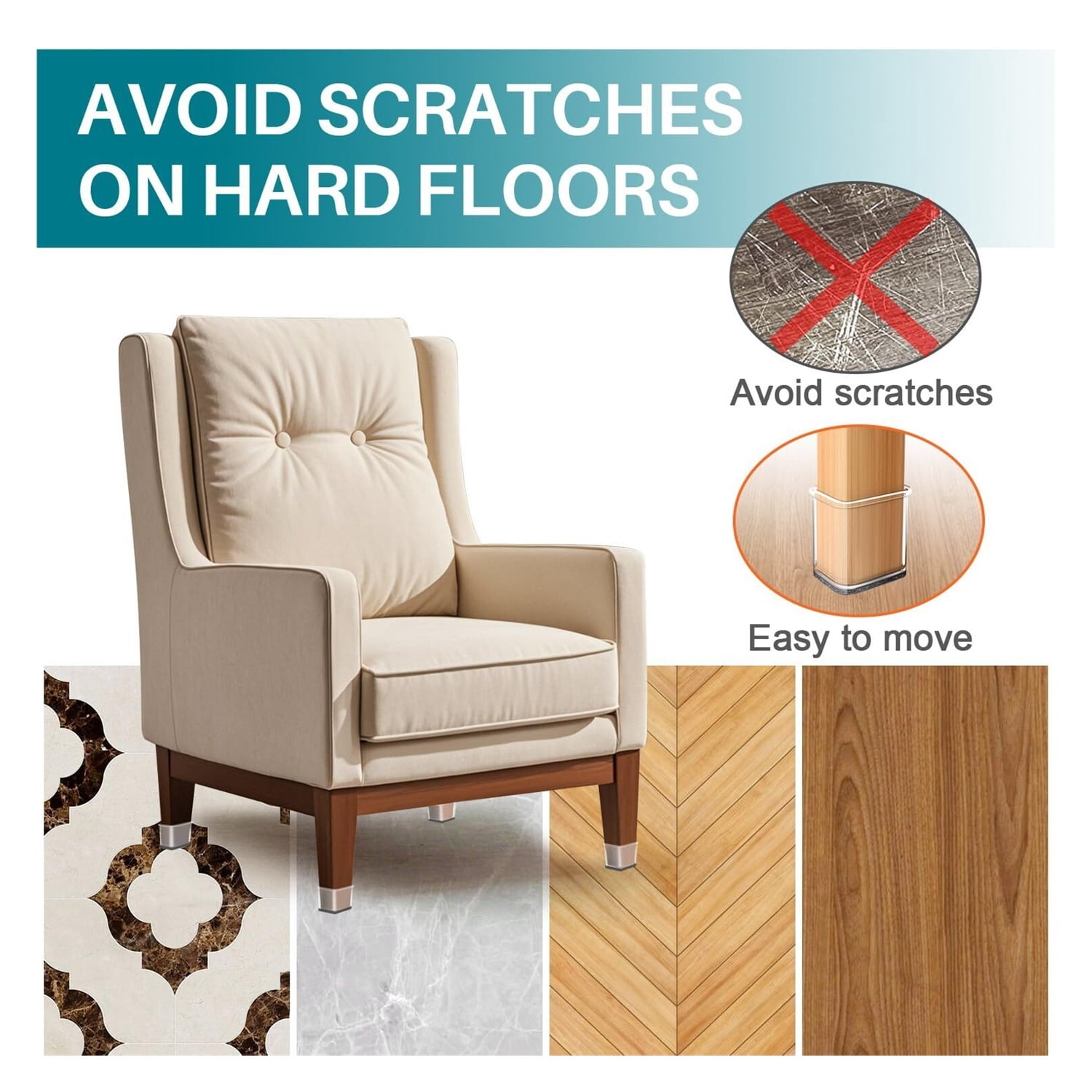 24 Pcs Chair Leg Floor Protectors Square, Silicone Felt Furniture Leg Pads Caps Covers for Hardwood Floors (Fit:1-5/8" to 2")