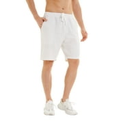 QPNGRP Men's Linen Cotton Casual Classic Fit Shorts Flat Front Drawstring Summer Beach Shorts with Pockets white L