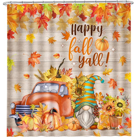 Fall Shower Curtain, Pumpkins Shower Curtain for Bathroom, Happy Fall Yall Harvest with Maple Leaves Waterproof Bath Curtain with Hooks for Home, 72x72 Inches