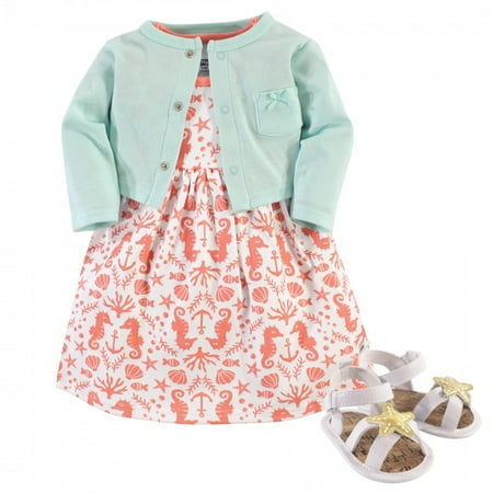 UPC: 0660168554397 | Hudson Baby Infant Girl Cotton Dress  Cardigan and Shoe 3pc Set  Sea  6-9 Months