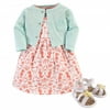 Hudson Baby Infant Girl Cotton Dress, Cardigan and Shoe 3pc Set, Sea, 6-9 Months