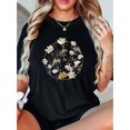 thumbnail image 1 of Women's Floral Print Casual Crew Neck T-Shirt - Short Sleeve, Stretchy Polyester Blend, Black with Golden & White Circular Flower Design, Comfortable Summer Top for Casual Attire, Ladies T Shirts, 1 of 6