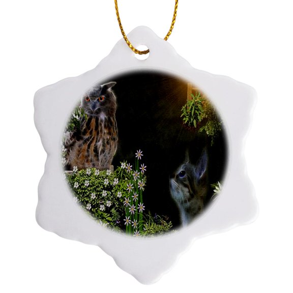 3dRose, The Owl And The Pussy Cat, 3 inch Snowflake Porcelain Ornament