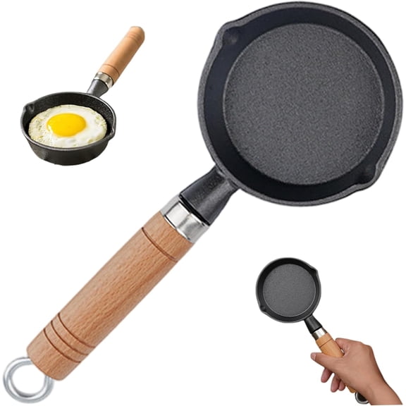 Mini Cast Iron Skillet 4 Inch Round NonStick Frying Pan with 2 Pouring Spout Portable Small Egg Hanging Wooden Handle for Stove Gas Induction Hob