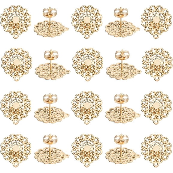 20pcs Golden Flower Stud Earring Findings 304 Stainless Steel Filigree Ear Stud Component with Loop Butterfly Stoppers Ear Nuts 0.7mm Pin Earring for Jewelry Making 16x14mm Hole 1mm
