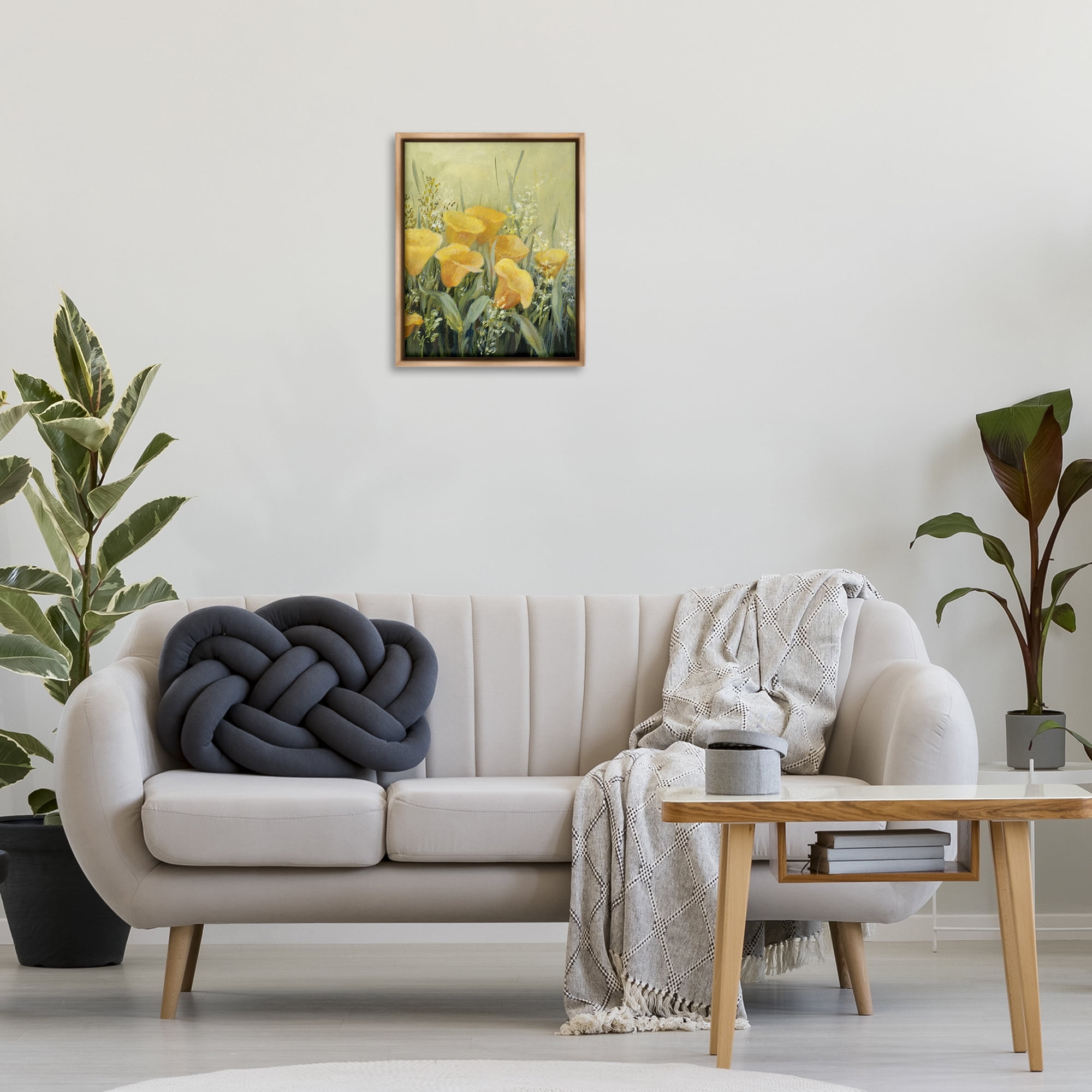 Stupell Industries Golden Horned Poppies Plants & Flowers Painting Brown Floater Framed Canvas Art Print Wall Art, 17 x 21