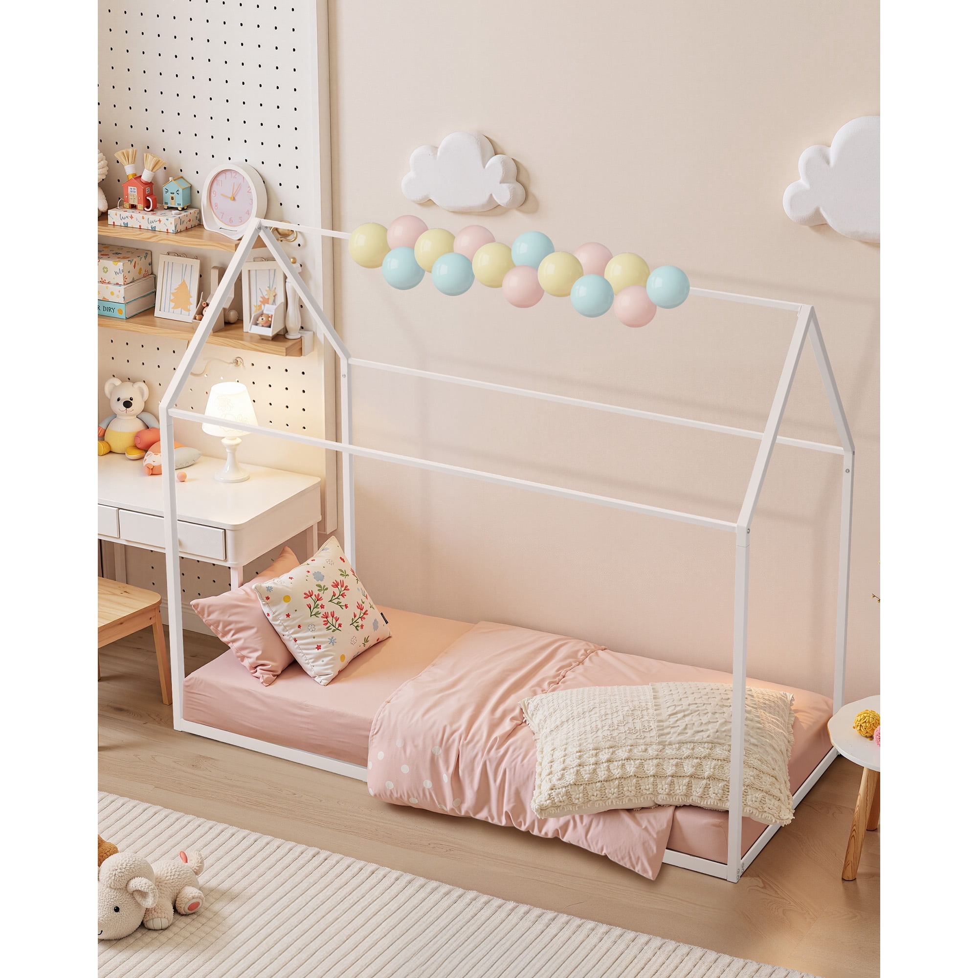 KFFKFF Twin Size Canopy Bed Frame, Kids Floor Bed with Roof Design, Durable Steel Slats Support, House-Shaped Frame for Boys and Girls, No Box Spring Required, Simple Assembly, White