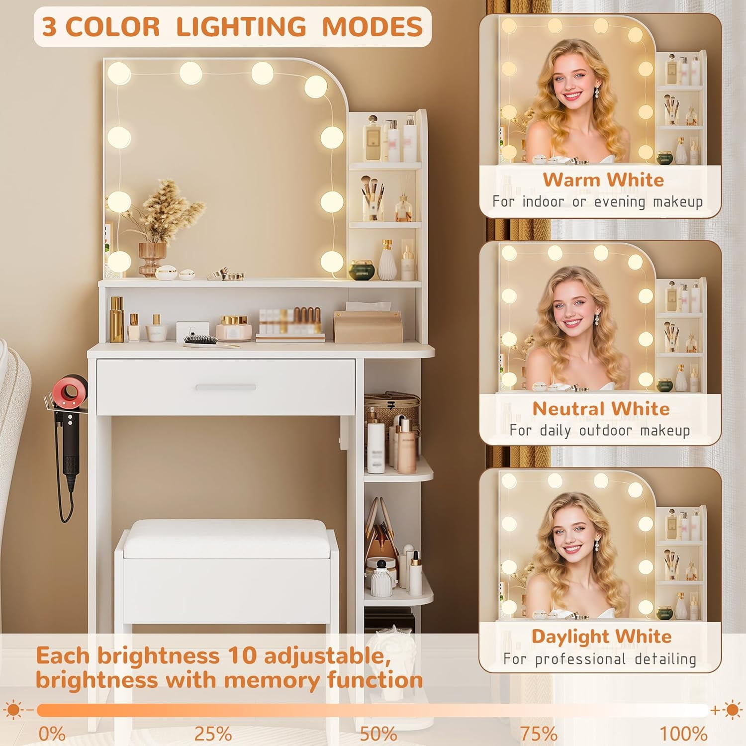makeapile Makeup Vanity with Chair, Small Vanity Desk with Mirror , Lights 3 Colors and Power Outlet, Compact Vanity Table for Small Space, White
