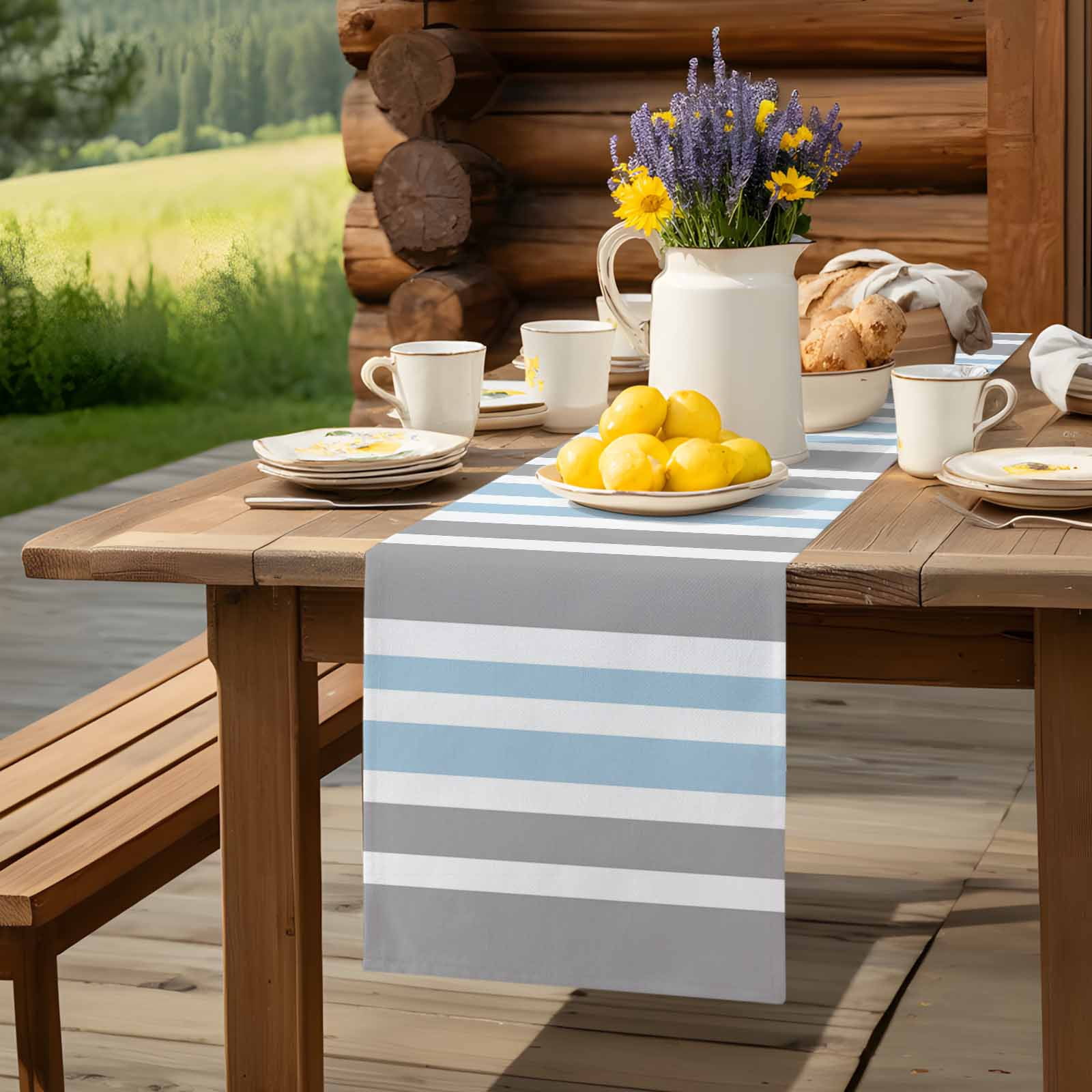 Classic Vertical Stripes Table Runner 90 Inches Long, Grey Blue White Table Runners Tabletop Scarf Kitchen Dining Tables Decoration for Home Party Indoor Outdoor
